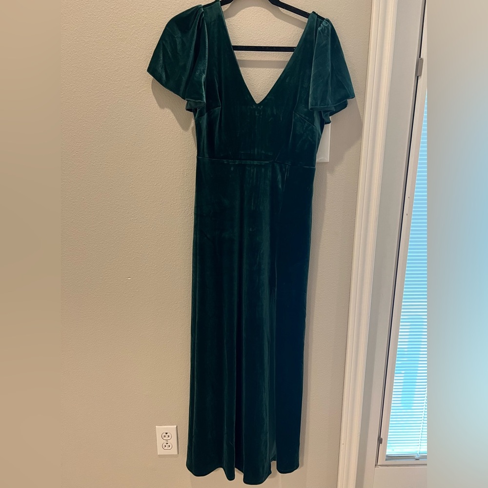 Floor length green velvet dress
